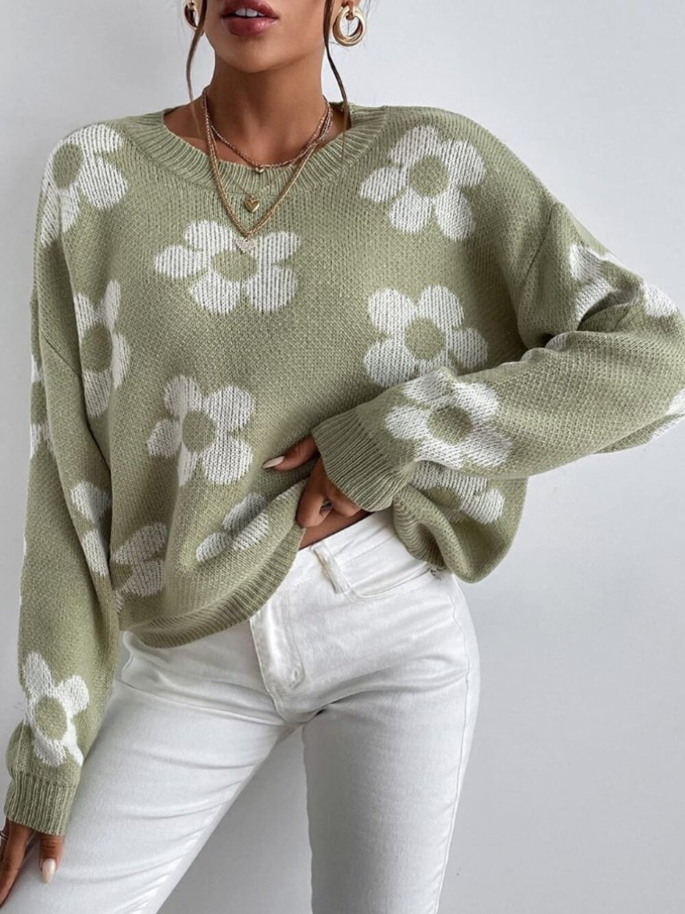 Neeno Floral Pattern Drop Shoulder Sweater